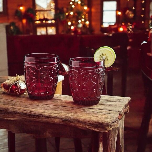 2 Ruby Red Pattern Lowball Old Fashioned Whiskey Double Rocks Tumblers Trestle - Picture 5 of 6